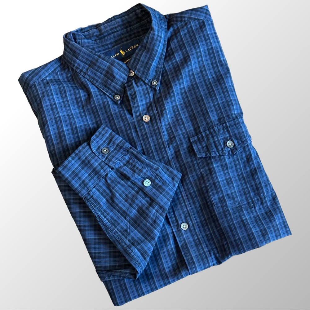 Ralph Lauren 100% Cotton Blue Plaid Slim Fit Button Down‎ Shirt in Large